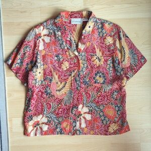Liz Claiborne 100% Silk Red Floral Paisley Button-Up Blouse Size 4P